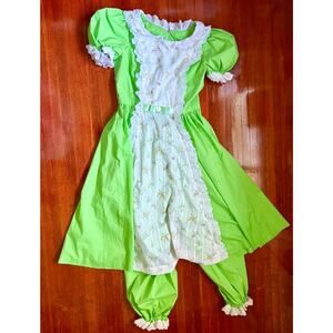 Vintage 60s Neon Green White Floral Puffy Dress Bloomer Matching Set Small Med